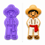 Royal Orchid Lavender Traditional Campesino Cookie Cutter & Embosser shown beside a decorated sugar cookie featuring a smiling Mexican campesino wearing a straw sombrero, embroidered white clothing, red sash, black mustache, and huarache sandals.