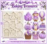 Baking Treasures Bake Shop autumn harvest silicone mold featuring nine fall-themed designs, including pumpkins, scarecrow, owl, autumn leaf, hot air balloon, and harvest baskets. Lavender decorated examples shown for inspiration only. Mold measures approximately 4.25 x 3.74 inches.