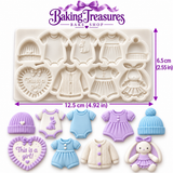Baby Girl Clothing & Bunny Silicone Fondant Mold – Onesies, Dresses, Beanies & Baby Shower Decorations