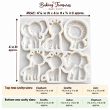 Baby safari animal silicone mold measuring approximately 4¼ inches wide, 4 inches high, and ⅜ inch deep, with individual cavity dimensio