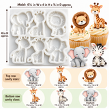 White six-cavity baby safari animal silicone mold featuring two elephants, two giraffes, a lion, and a zebra.