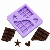 silicone mold featuring two broken chocolate bar designs with heart and star cavities, shown with finished chocolate pieces.