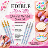 three decorated brushes with gold and silver handles, text callouts, sample artwork on a cookie, nail art, a cupcake, and a rainbow drawing, plus a note tha