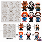 Six-cavity Halloween horror silicone mold displayed with six colorful finished spooky character decorations for fondant, chocolate, cakes and cupcakes.