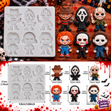 Six-cavity Halloween horror silicone mold measurement guide showing a 3.86 by 3.74 inch mold and finished spooky character pieces approximately 1.65 inches tall.
