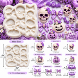 Baking Treasures Halloween silicone mold featuring detailed skulls, Jack O’ Lantern pumpkins, checkered bows and bats
