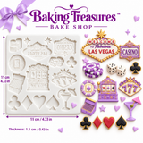 Las Vegas casino silicone cake decorating mold measurement guide showing the 4.33 by 4.33 inch mold and assorted finished casino-themed pieces.