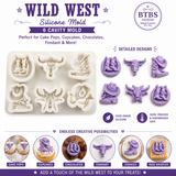 Wild West Silicone Mold set by BTBS, featuring a 6-cavity white silicone mold and six purple sample cakes shaped with the molds, including longhorns, a cowboy hat, and a horseshoe. The image displays the product on a white background with descriptive text and circular logos.