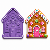 Royal Orchid Lavender candy gingerbread house cookie cutter and embosser stamp set shown beside a decorated gingerbread house sugar cookie with peppermint candies, gumdrops and icing details.