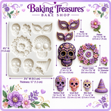 White Day of the Dead silicone mold featuring detailed sugar skulls in assorted sizes, decorative masquerade mask, floral wreath, individual flowers, and festive accents for fondant, chocolate, and cake decorating.