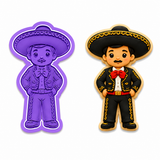 Day of the Dead Charro Man Cookie Cutter & Embosser Two-Piece Set with decorated sugar cookie featuring a traditional black charro suit, sombrero, red moño, and festive Mexican-inspired details.