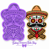 El Charro Calavera Día de los Muertos cookie cutter and embosser stamp with decorated sugar cookie by Baking Treasures Bake Shop