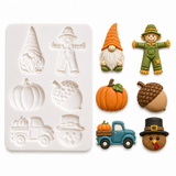 Fall harvest silicone mold with gnome, scarecrow, pumpkin, acorn, harvest truck and pilgrim turkey designs