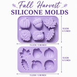Fall Harvest silicone mold with pumpkin, acorn, maple leaf, oak leaf and turkey designs, measuring approximately 5.98 inches wide by 4.13 inches high.