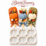 Baking Treasures Bake Shop six-cavity pumpkin silicone mold presented in a fall-themed product display, featuring realistic pumpkin designs and autumn decorating inspiration for Halloween and Thanksgiving baking.