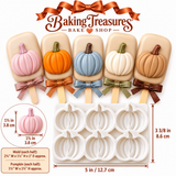 White six-cavity fall pumpkin silicone mold featuring detailed pumpkins with realistic ribbed textures and stems, shown with a quarter for size reference. Perfect for Halloween, Thanksgiving, and autumn cake decorating.