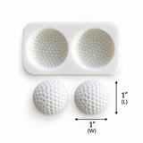 Golf ball 2-cavity silicone mold with two detailed finished golf ball examples on a clean white background.