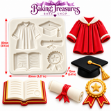 Five-cavity graduation silicone mold with graduation gown, cap, diploma, open book and award ribbon, displayed alongside royal blue and orange fondant decorations with mold measurements.