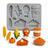 Gray Harvest Season Thanksgiving silicone mold featuring turkey, corn, wheat, pumpkin, coffee cup and pie designs.