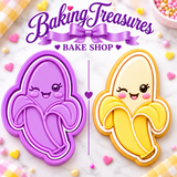 Purple kawaii banana cookie cutter and matching embosser stamp with white separation line beside a decorated yellow banana sugar cookie on a clean white background.