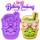 BTBS  Royal Orchid Lavender kawaii matcha drink cookie cutter and embosser stamp beside a decorated green matcha cookie with pink coquette bow.