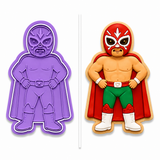 Royal Orchid Lavender Luchador Cookie Cutter & Embosser Two-Piece Set with decorated lucha libre sugar cookie on a white background.