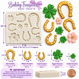 White silicone mold featuring assorted lucky horseshoes, shamrocks, and detailed flower cavities for St. Patrick's Day fondant and cake decorations.