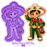 Mexican Charro Boy cookie cutter and Royal Orchid Lavender embosser stamp with decorated sugar cookie by Baking Treasures Bake Shop