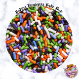 Monster Mash Halloween Jimmies featuring orange, green, purple, black, white, and blue jimmies for decorating cookies, cupcakes, cakes, cake pops, brownies, cocoa bombs, and festive Halloween treats.