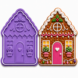 North Pole Gingerbread House Cookie Cutter and Embosser Stamp Set with decorated Christmas gingerbread house cookie
