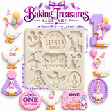 White One Silly Goose first birthday silicone mold featuring goose designs, number one, birthday plaques, party hats, and balloons, with pink and lavender decorated examples and measurements.