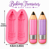 Pink two-cavity school pencil silicone mold with detailed sharpened pencil shapes beside two decorated yellow pencil examples. BTBS 