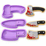 Spooky Chef Knife Halloween decorated sugar cookie with matching Royal Orchid Lavender cutter and embosser stamp by Baking Treasures Bake Shop