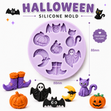 Spooky Halloween mini silicone mold with pumpkin, ghost, bat, cat, crescent moon and witch boots designs for small treats and cake decorating.