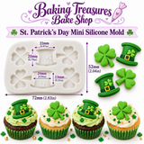 White six-cavity St. Patrick's Day silicone mold featuring four shamrocks and clovers and two leprechaun hats, with overall dimensions of 2.83 by 2.04 inches.