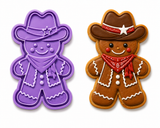 exas cowboy gingerbread cookie cutter and embosser set with matching decorated sugar cookie featuring a cowboy hat, star, red bandana, and western details.