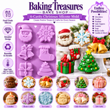 Christmas silicone mold inspiration sheet showing festive examples of chocolates, candies, fondant, cake toppers, candles, soap, and other decorative creations.