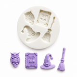Witchy Magic mini silicone mold featuring owl, magic spell book, witch hat and broom designs with lavender finished pieces.