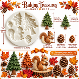 Baking Treasures Bake Shop woodland silicone mold featuring a squirrel, two pine trees, and two pinecones, displayed with individual measurements and colorful autumn-inspired decorating examples. White round mold measures approximately 3⅛ inches in diameter and ½ inch deep. Decorated images are for inspiration purposes only.