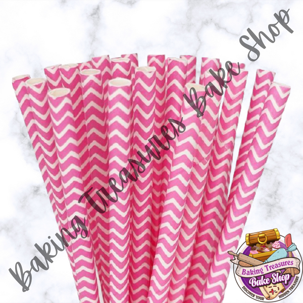 BRIGHT PINK WITH WHITE CHEVRON Paper Straws*
