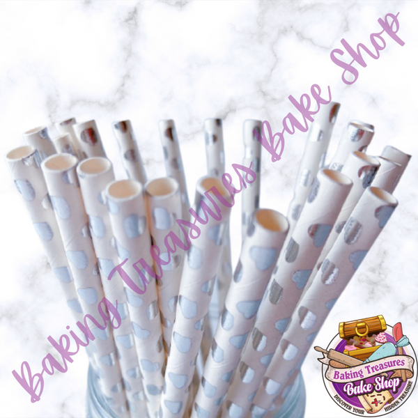 Metallic Silver Hearts Paper Straws